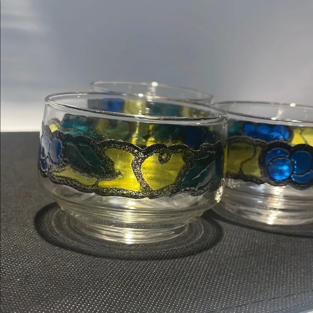 Set of Three Glass Candle Holders with Blue and Yellow Design